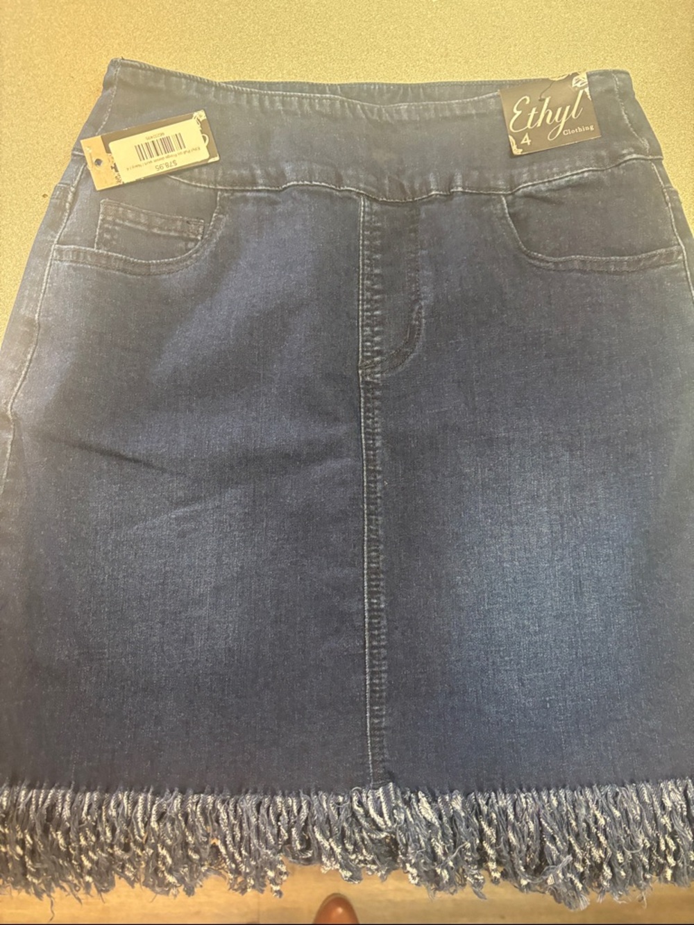 Ethyl Dark Blue Denim Mini Skirt with Fringe Hem